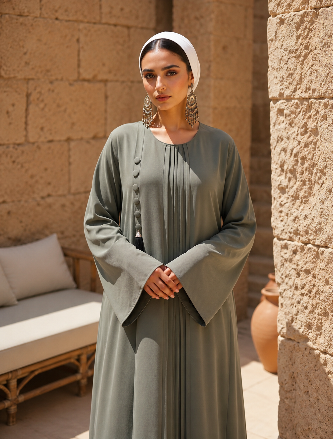 Olive Mist Pleated Button Abaya