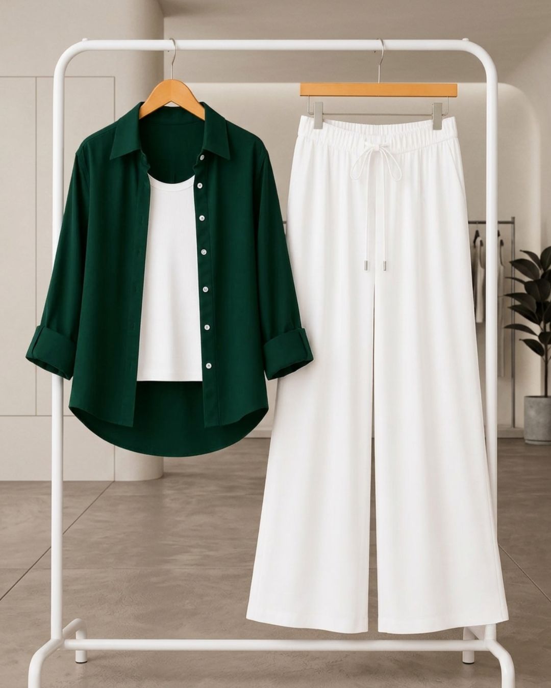 TRIO PACK ( BOTTLE GREEN BUTTON SHIRT WITH WHITE INNER AND BEIGE FLAPPER TROUSER)