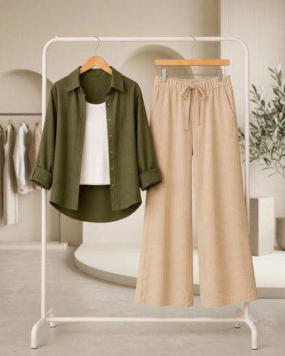 TRIO PACK ( OLIVE GREEN BUTTON DOWN SHIRT WITH WHITE INNER AND BEIGE FLAPPER TROUSER)