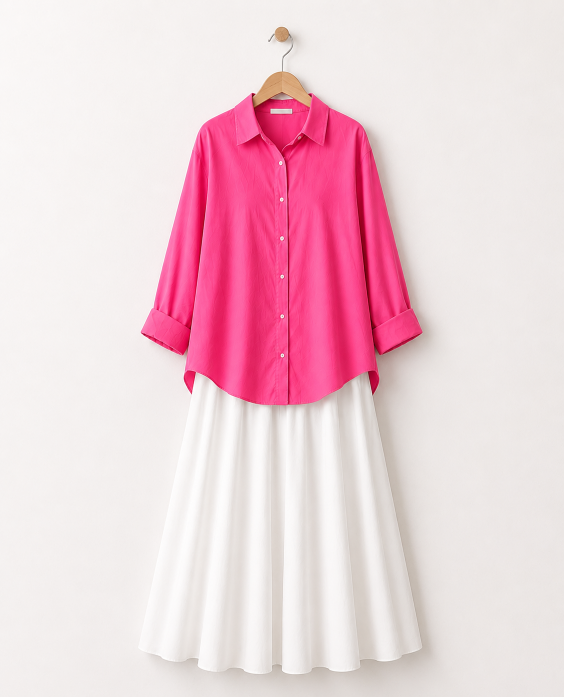 DUO PACK (SHOCKING PINK BUTTON DOWN SHIRT WITH WHITE MAXI SKIRT)