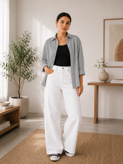 TRIO PACK (WHITE AND BLACK STRIPES BUTTON DOWN SHIRT WITH BLACK INNER AND WHITE WIDE LEG JEANS)
