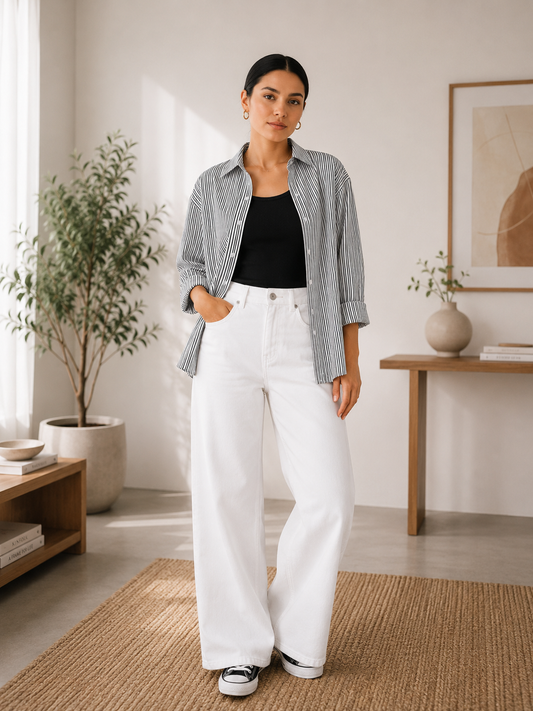 TRIO PACK (WHITE AND BLACK STRIPES BUTTON DOWN SHIRT WITH BLACK INNER AND WHITE WIDE LEG JEANS)