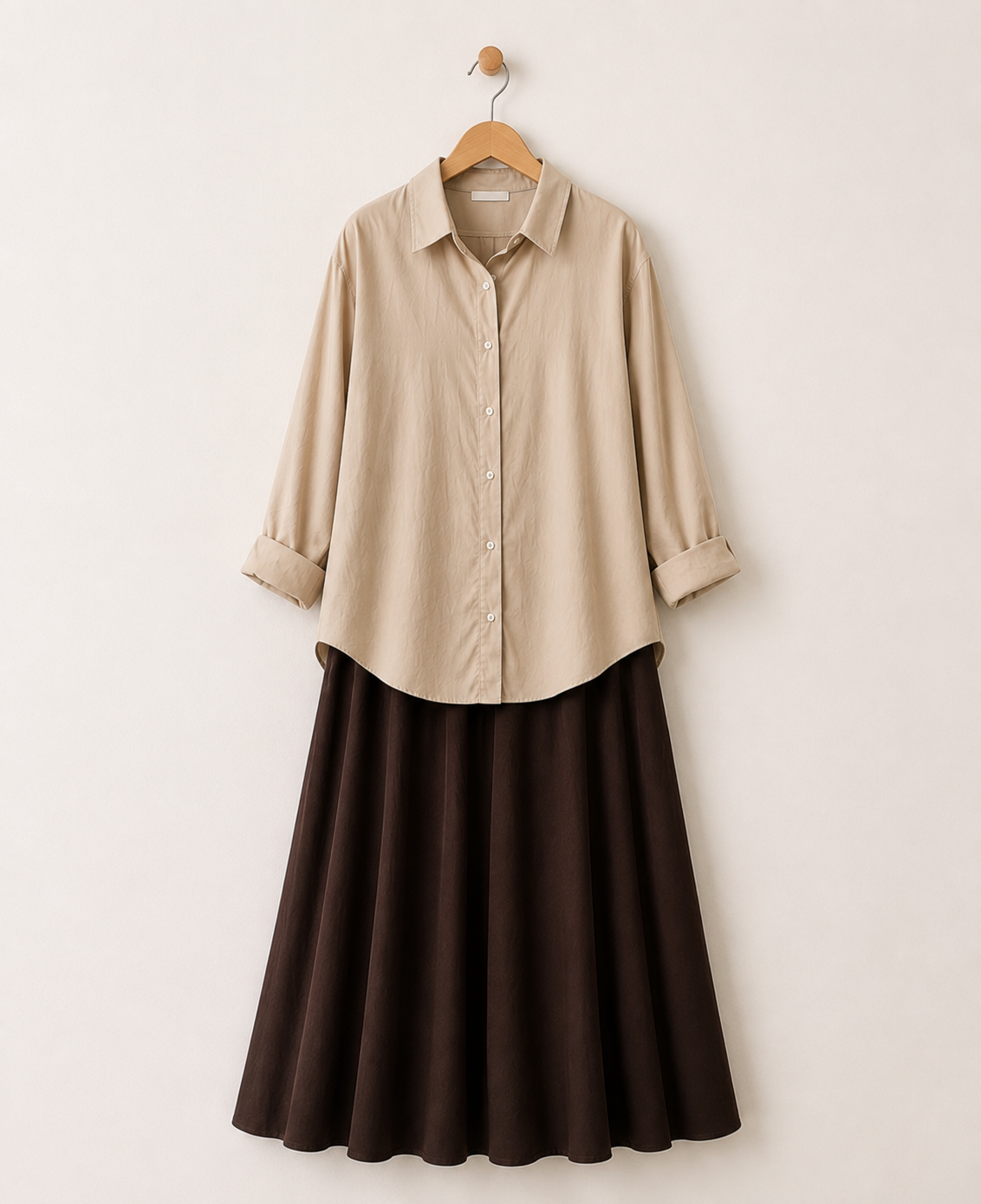 DUO PACK (BEIGE BUTTON DOWN SHIRT WITH DARK BROWN MAXI SKIRT)