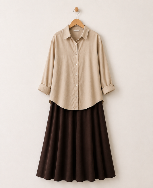 DUO PACK (BEIGE BUTTON DOWN SHIRT WITH DARK BROWN MAXI SKIRT)