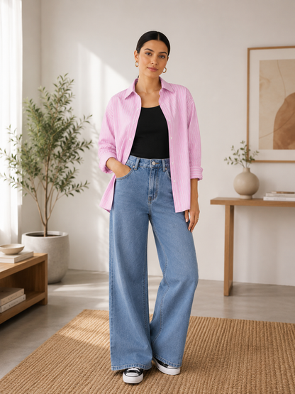 TRIO PACK (WHITE AND PINK STRIPES BUTTON DOWN SHIRT WITH BLACK INNER AND SKY BLUE FADED WIDE LEG JEANS)