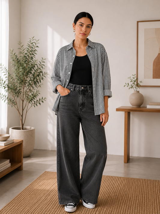 TRIO PACK (WHITE AND BLACK STRIPES BUTTON DOWN SHIRT WITH BLACK INNER AND MALAYSIAN BLACK WIDE LEG JEANS)
