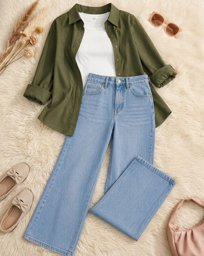(TRIO PACK) OLIVE GREEN BUTTON DOWN SHIRT WITH WHITE INNER AND SKY BLUE WIDE JEANS