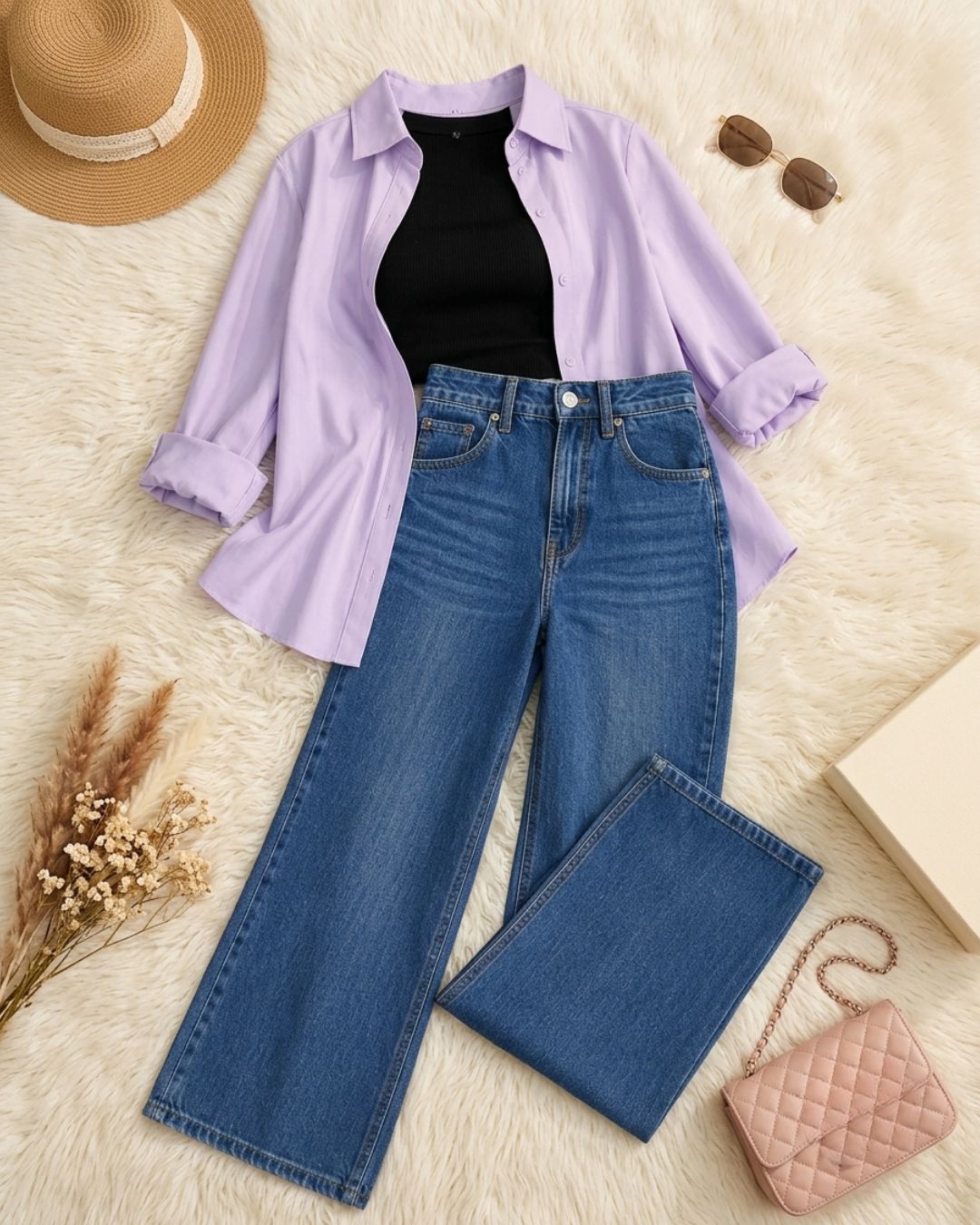 (TRIO PACK) LILAC BUTTON DOWN SHIRT WITH BLACK INNER AND MID BLUE WIDE JEANS