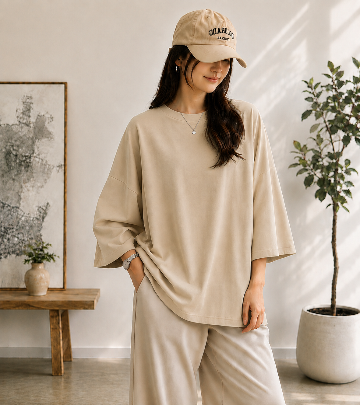 BEIGE BAGGY DROP SHOULDER TEE