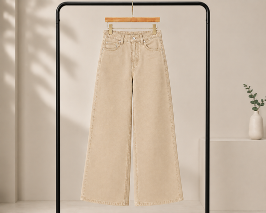 BEIGE WIDE LEG BAGGY JEANS