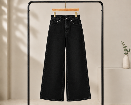JET BLACK WIDE LEG BAGGY JEANS