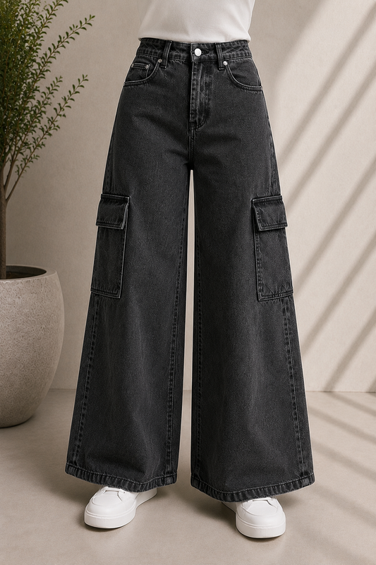 DARK GREY WIDE LEG CARGO JEANS