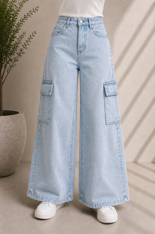 ICE BLUE WIDE LEG CARGO JEANS