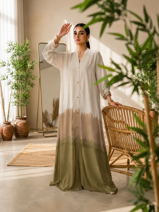 Olive Mist Ombre Front-Open Abaya