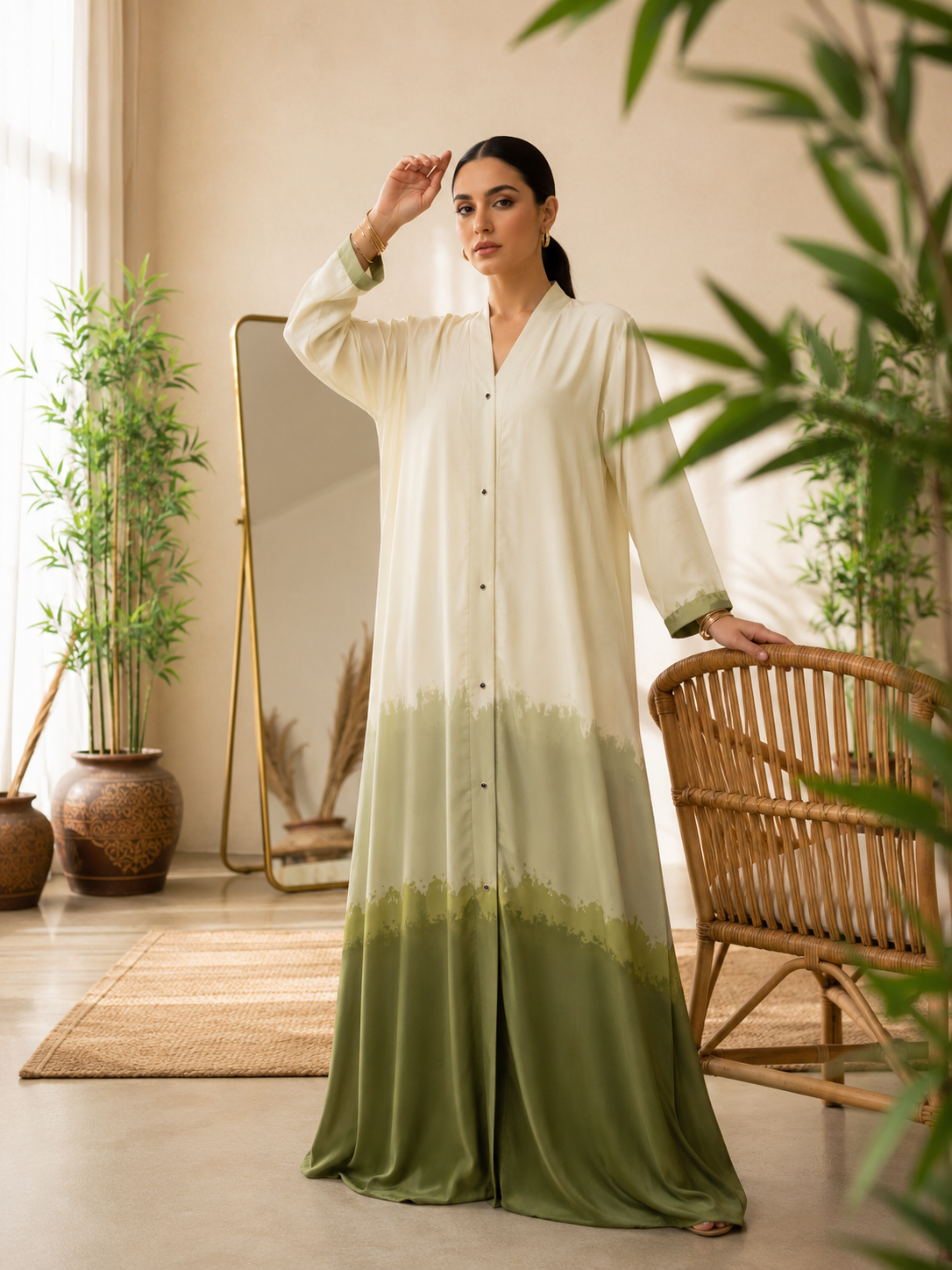 Olive Whisper Ombre Front-Open Abaya