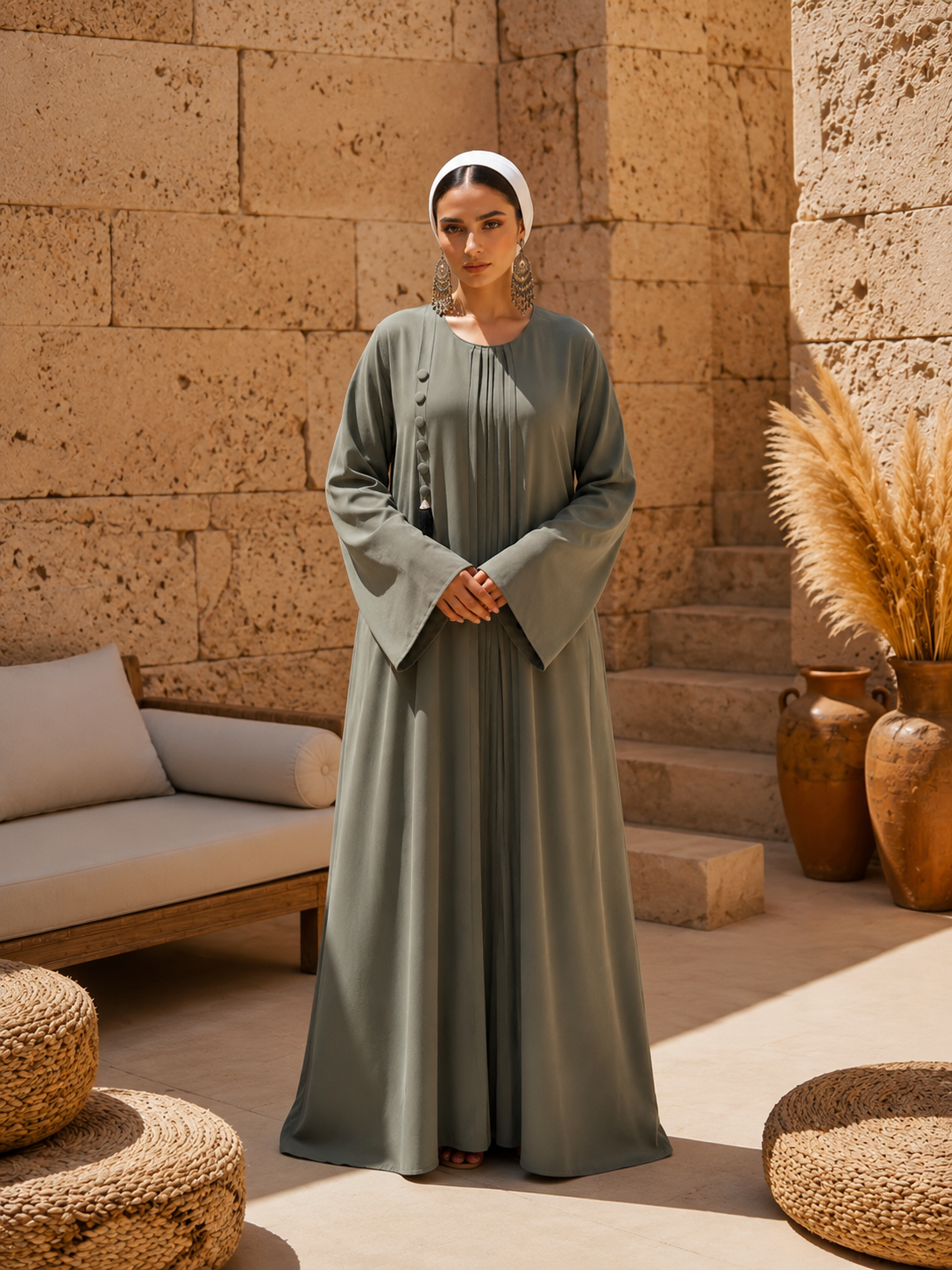 Olive Mist Pleated Button Abaya