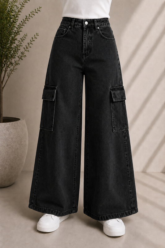 JET BLACK WIDE LEG CARGO JEANS