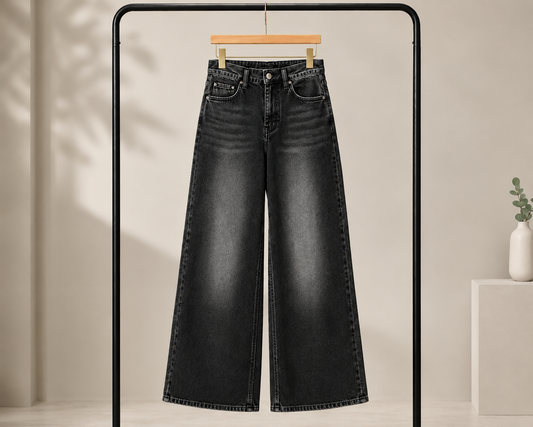 MALAYSIAN BLACK FADED WIDE LEG BAGGY JEANS