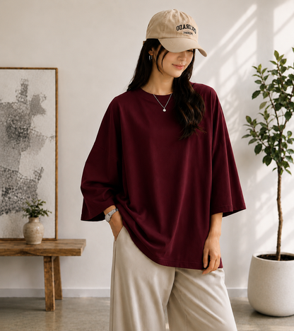 MAROON BAGGY DROP SHOULDER TEE