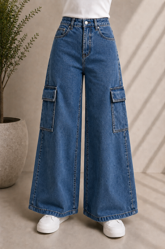 MID BLUE WIDE LEG CARGO JEANS