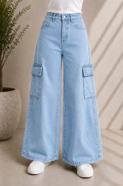 SKY BLUE WIDE LEG CARGO JEANS