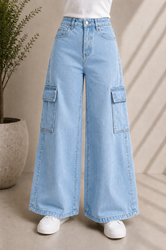 SKY BLUE WIDE LEG CARGO JEANS