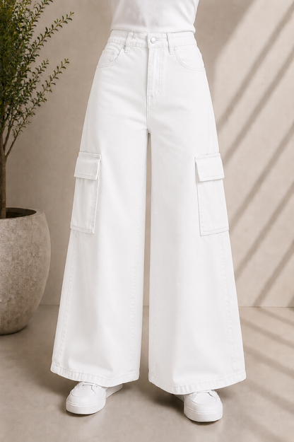 WHITE WIDE LEG CARGO JEANS