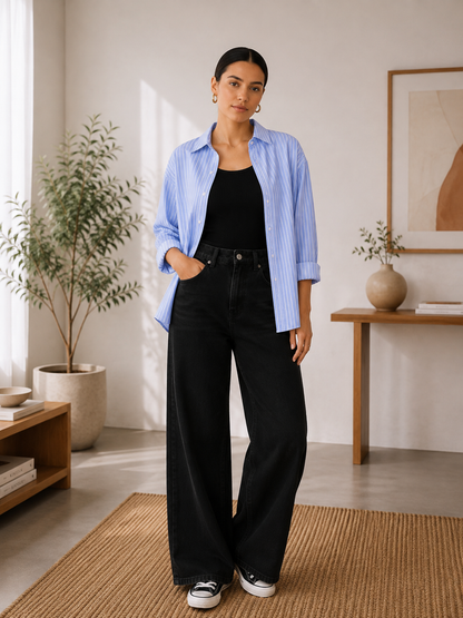 TRIO PACK (WHITE AND BLUE STRIPES BUTTON DOWN SHIRT WITH BLACK INNER AND BLACK WIDE LEG JEANS)