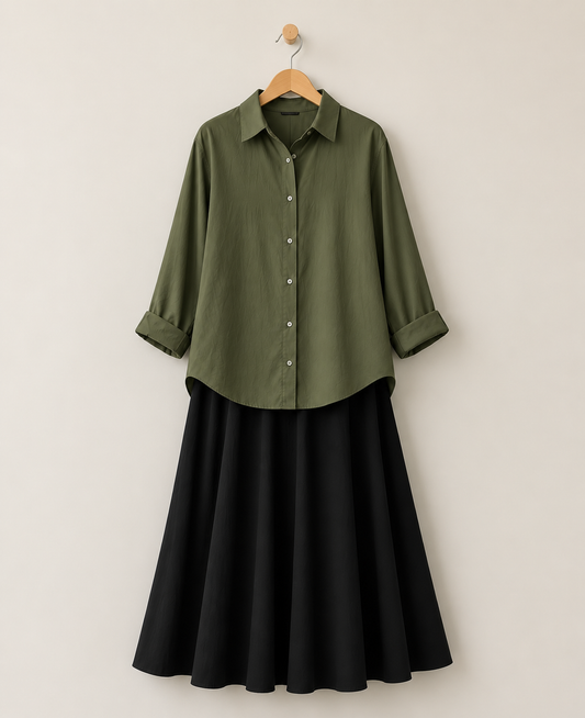DUO PACK (OLIVE GREEN BUTTON DOWN SHIRT WITH BLACK MAXI SKIRT)