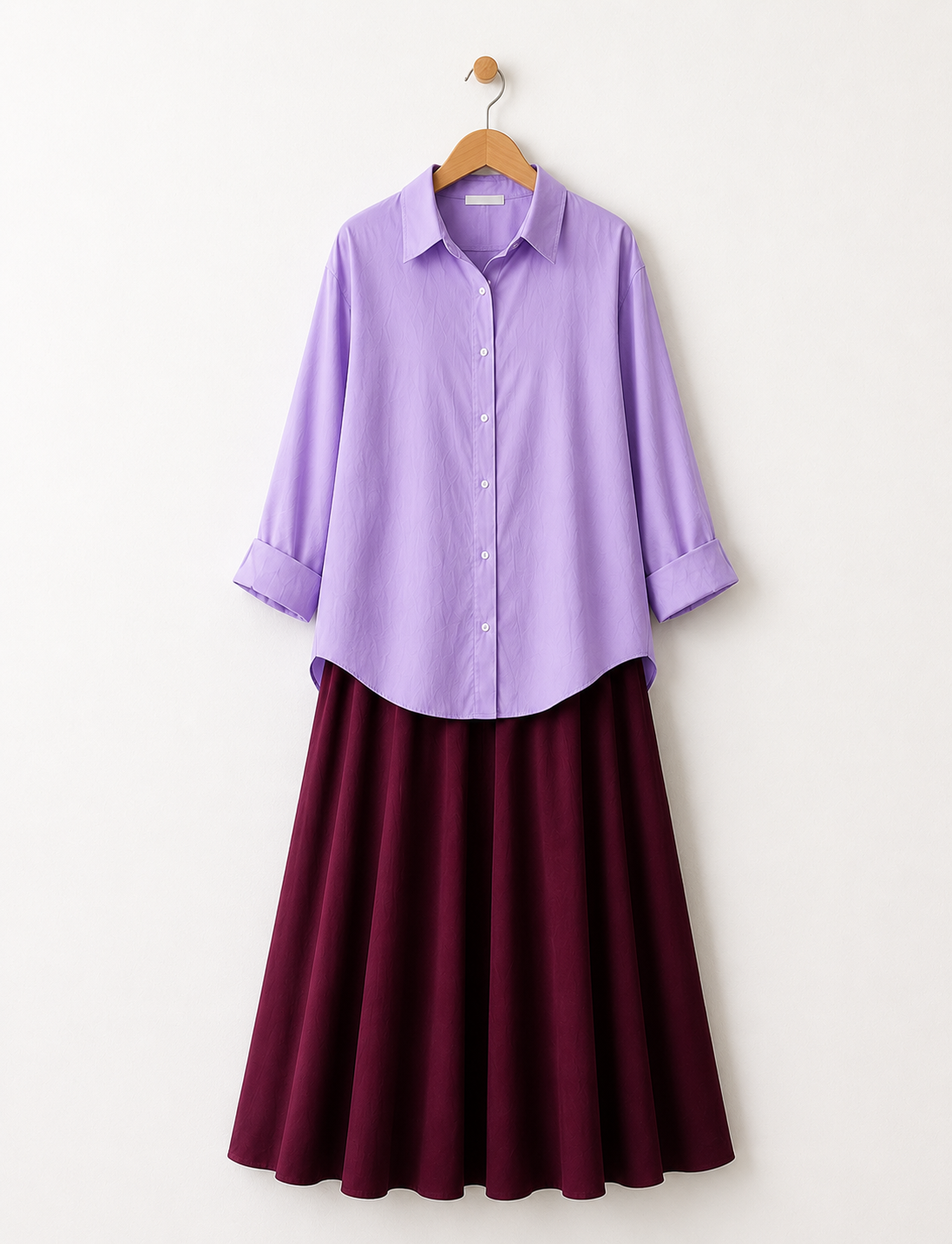 DUO PACK (LILAC BUTTON DOWN SHIRT WITH MAROON MAXI SKIRT)