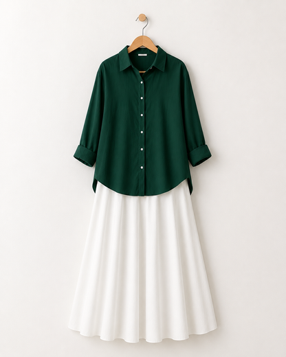 DUO PACK (BOTTLE GREEN BUTTON DOWN SHIRT WITH DARK BROWN MAXI SKIRT)