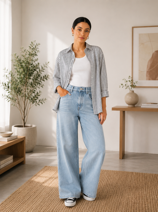 TRIO PACK (WHITE AND BLACK STRIPES BUTTON DOWN SHIRT WITH WHITE INNER AND ICE BLUE WIDE LEG JEANS)