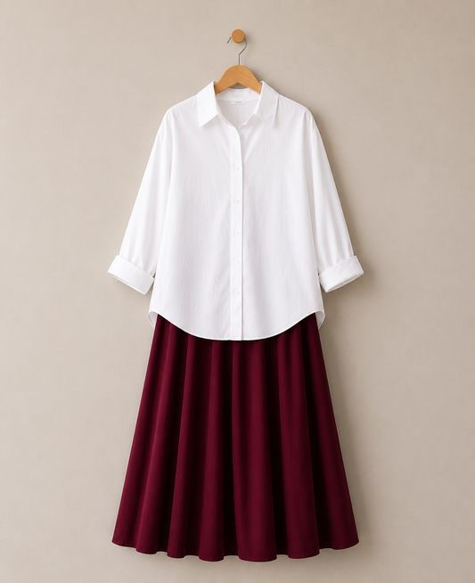 DUO PACK (WHITE BUTTON DOWN SHIRT WITH MAROON MAXI SKIRT)