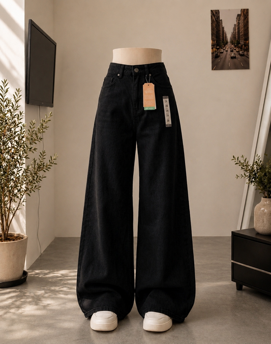 JET BLACK WIDE LEG BAGGY JEANS