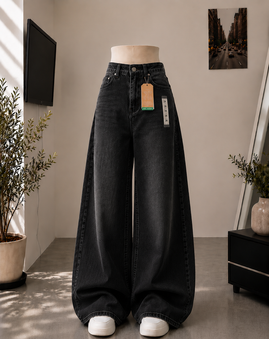 MALAYSIAN BLACK FADED WIDE LEG BAGGY JEANS