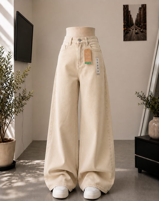 BEIGE WIDE LEG BAGGY JEANS