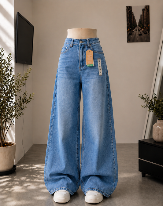 MID BLUE FADED WIDE LEG BAGGY JEANS